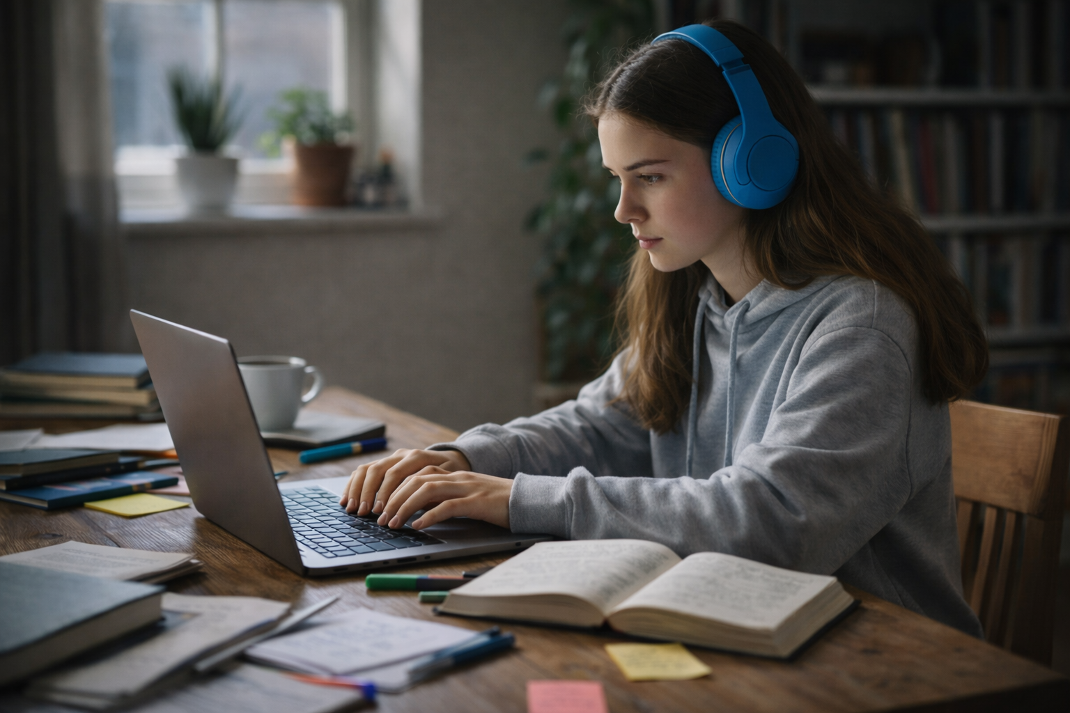 A student studying alone at her desk, focused but isolated